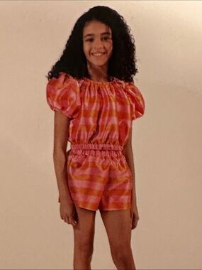 NWT Nordstrom Habitual Girl Pink & Orange Striped puff sleeve crop top
